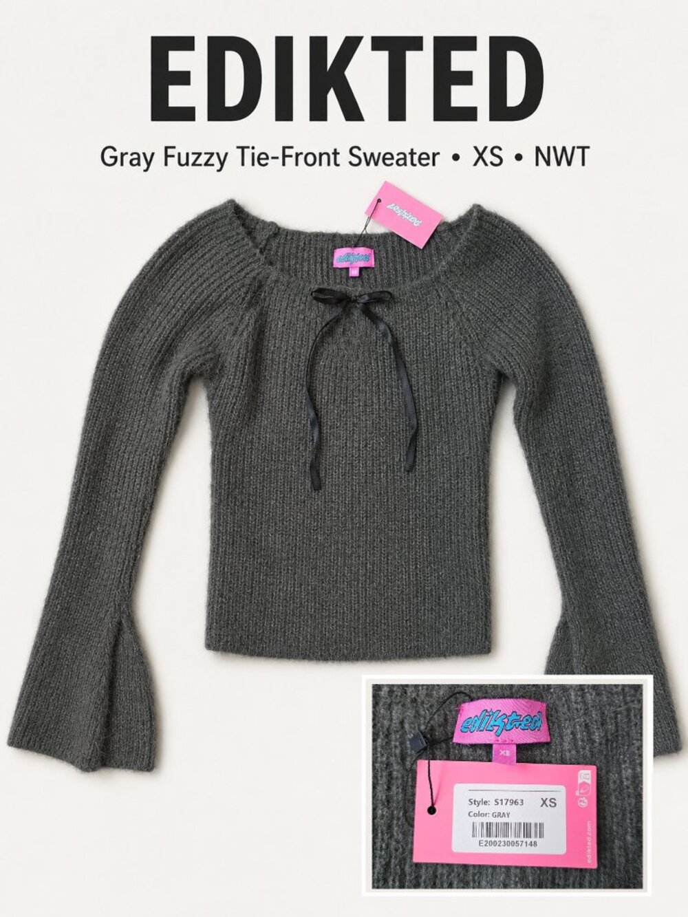 Edikted Gray Fuzzy Bow Tie Knit Top Bell Sleeve Size XS NWT